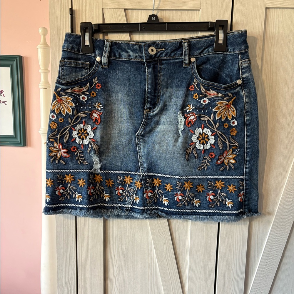 Altar'd State Floral Embroidered Denim Mini Skirt